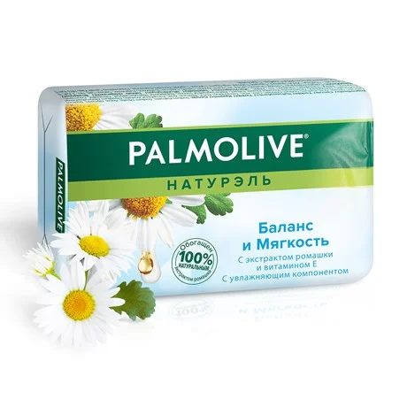 Мыло туалетное твердое Palmolive Натурэль Баланс и Мягкость с экстрактом ромашки и витамином Е, 90г